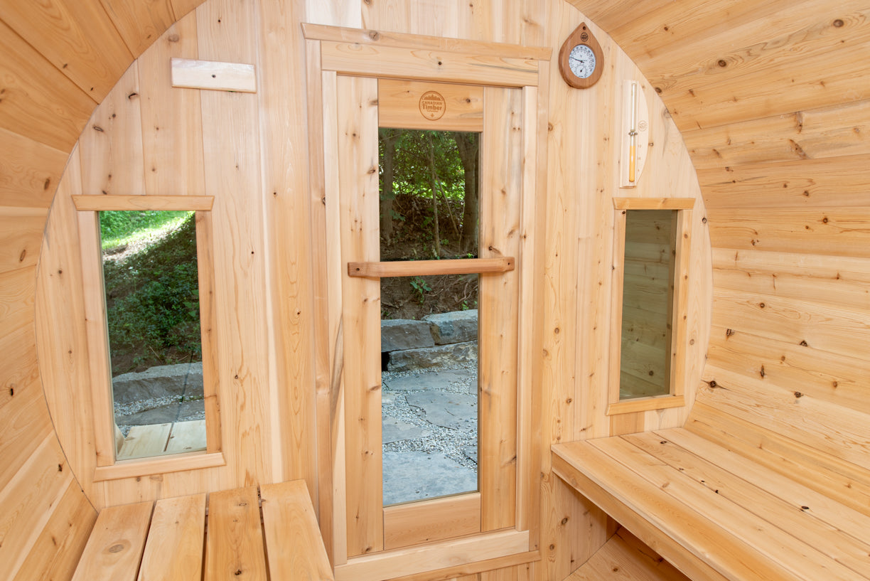 Dundalk LeisureCraft Canadian Timber Tranquility Barrel Sauna | CTC2345W - Stash Shack Haven