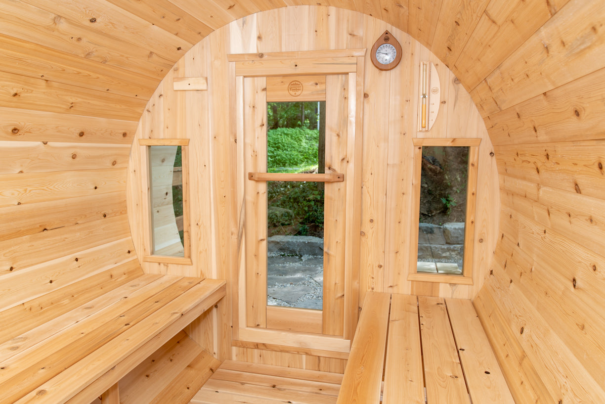 Dundalk LeisureCraft Canadian Timber Tranquility Barrel Sauna | CTC2345W - Stash Shack Haven