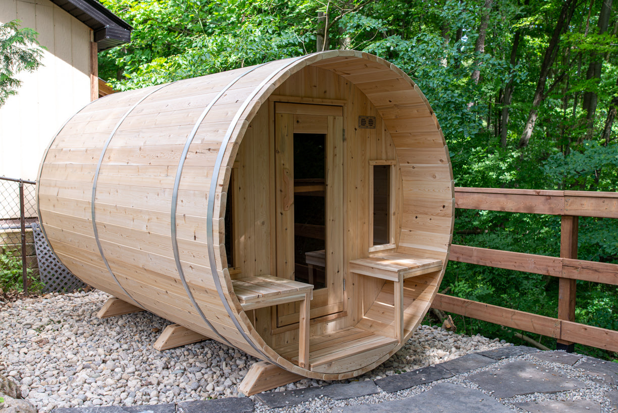 Dundalk LeisureCraft Canadian Timber Tranquility Barrel Sauna | CTC2345W - Stash Shack Haven