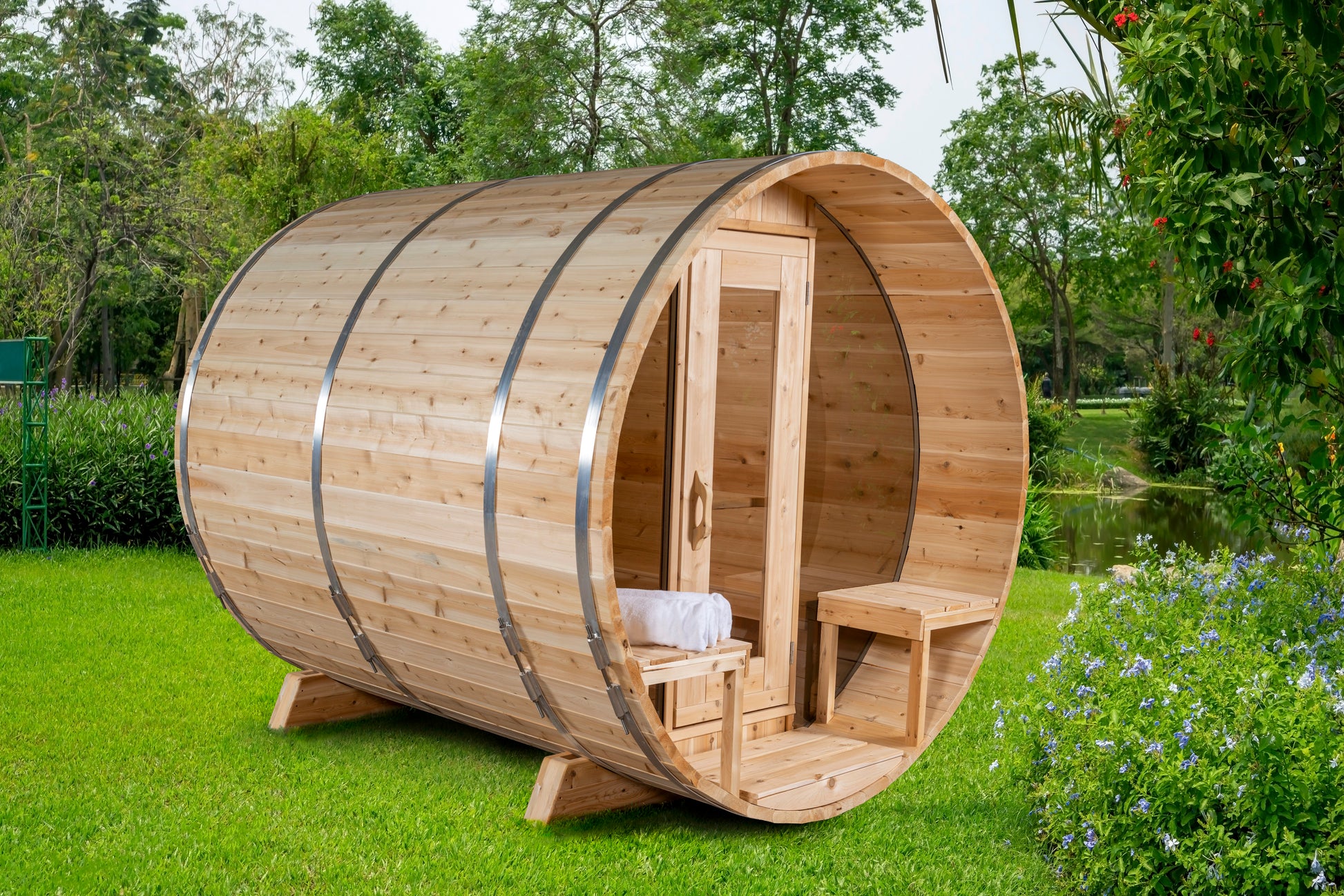 Dundalk LeisureCraft Canadian Timber Serenity MP Barrel Sauna | CTC2245MPW - Stash Shack Haven