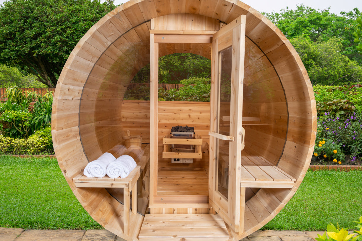 Dundalk LeisureCraft Canadian Timber Serenity MP Barrel Sauna | CTC2245MPW - Stash Shack Haven